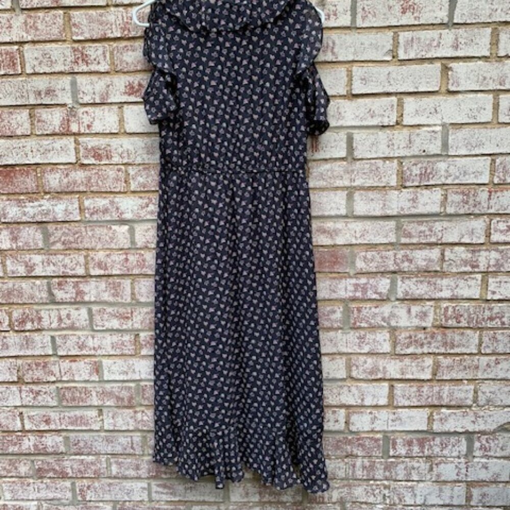 LOFT floral ruffle faux wrap cold shoulder ruffle midi dress size medium - Picture 12 of 14
